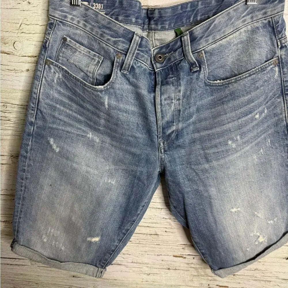 G Star Shorts Mens 33 Blue 3301 Denim Cuffed Jean